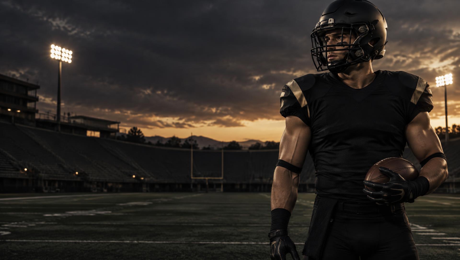 College football athlete holding a football at a stadium